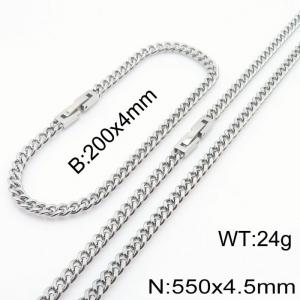 200x4.5mm 550x4.5mm Silver Simple Buckle Cuban Chain Set Stainless Steel Bracelet Necklace Set Unisex Party Jewelry - KS205101-Z