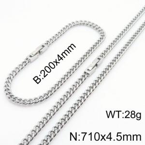 200x4.5mm 710x4.5mm Silver Simple Buckle Cuban Chain Set Stainless Steel Bracelet Necklace Set Unisex Party Jewelry - KS205104-Z