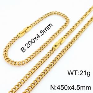200x4.5mm 450x4.5mm Gold Color Simple Buckle Cuban Chain Set Stainless Steel Bracelet Necklace Set Unisex Party Jewelry - KS205106-Z