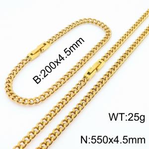200x4.5mm 550x4.5mm Gold Color Simple Buckle Cuban Chain Set Stainless Steel Bracelet Necklace Set Unisex Party Jewelry - KS205108-Z