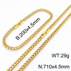 200x4.5mm 710x4.5mm Gold Color Simple Buckle Cuban Chain Set Stainless Steel Bracelet Necklace Set Unisex Party Jewelry - KS205111-Z