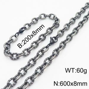 8mm boiled color embossed steel color men's Korean stainless steel bracelet necklace set - KS215158-Z