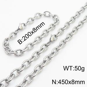 8mm steel color embossed steel color men's Korean stainless steel bracelet necklace set - KS215162-Z