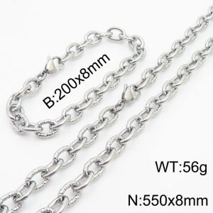 8mm steel color embossed steel color men's Korean stainless steel bracelet necklace set - KS215164-Z