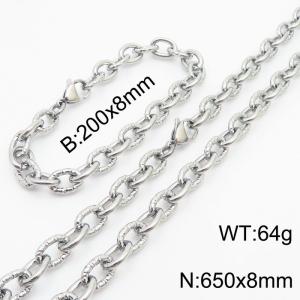 8mm steel color embossed steel color men's Korean stainless steel bracelet necklace set - KS215166-Z