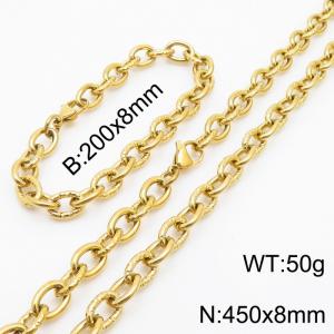 8mm gold embossed steel color men's Korean stainless steel bracelet necklace set - KS215169-Z
