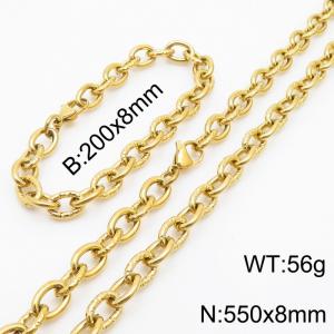 8mm gold embossed steel color men's Korean stainless steel bracelet necklace set - KS215171-Z
