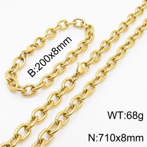 8mm gold embossed steel color men's Korean stainless steel bracelet necklace set - KS215174-Z