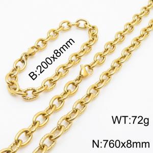 8mm gold embossed steel color men's Korean stainless steel bracelet necklace set - KS215175-Z