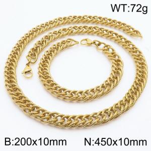 10mm Hammer Pattern Chain & Link Jewelry Set for Men Stainless Steel Gold 20cm Bracelet 45cm Necklace Set - KS215232-Z