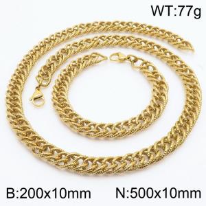10mm Hammer Pattern Chain & Link Jewelry Set for Men Stainless Steel Gold 20cm Bracelet 50cm Necklace Set - KS215233-Z