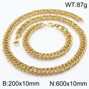 10mm Hammer Pattern Chain & Link Jewelry Set for Men Stainless Steel Gold 20cm Bracelet 60cm Necklace Set - KS215235-Z
