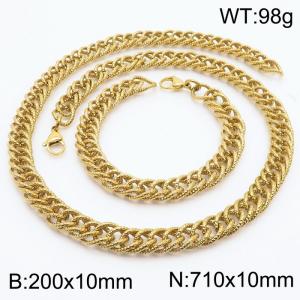 10mm Hammer Pattern Chain & Link Jewelry Set for Men Stainless Steel Gold 20cm Bracelet 71cm Necklace Set - KS215237-Z
