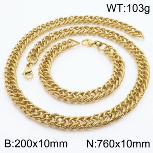 10mm Hammer Pattern Chain & Link Jewelry Set for Men Stainless Steel Gold 20cm Bracelet 76cm Necklace Set - KS215238-Z