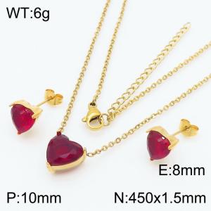 Red Zircon Heart Shape Charm Jewelry Set for Women Earrings and Necklace Set Gold Color - KS215292-HR