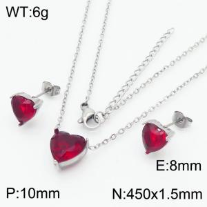 Red Zircon Heart Shape Charm Jewelry Set for Women Earrings and Necklace Set Silver Color - KS215293-HR