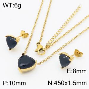 Black Zircon Heart Shape Charm Jewelry Set for Women Earrings and Necklace Set Gold Color - KS215294-HR