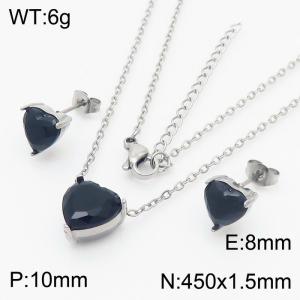 Black Zircon Heart Shape Charm Jewelry Set for Women Earrings and Necklace Set Silver Color - KS215295-HR