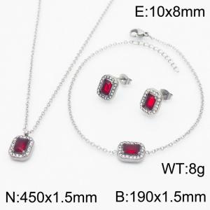 Red Zircon Squares Shape Charm Jewelry Set for Women Bracelet Earrings and Necklace Set Silver Color - KS215303-HR