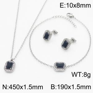 Black Zircon Squares Shape Charm Jewelry Set for Women Bracelet Earrings and Necklace Set Silver Color - KS215305-HR