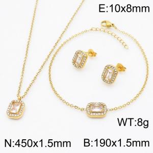 Transparently Zircon Squares Shape Charm Jewelry Set for Women Bracelet Earrings and Necklace Set Gold Color - KS215306-HR