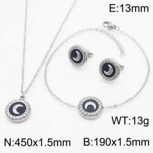 Round Moon Black Background Pendant Charm Jewelry Set for Women Bracelet Earrings and Necklace Set Silver Color - KS215309-HR