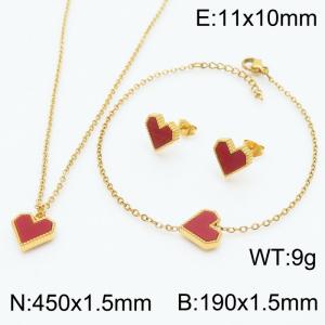 Red Heart Shape Pendant Charm Jewelry Set for Women Bracelet Earrings and Necklace Set Gold Color - KS215314-HR