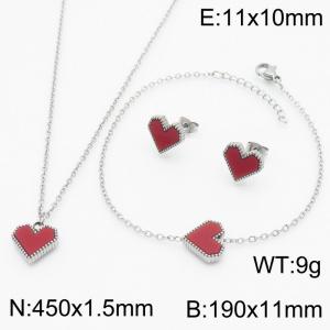 Red Heart Shape Pendant Charm Jewelry Set for Women Bracelet Earrings and Necklace Set Silver Color - KS215315-HR