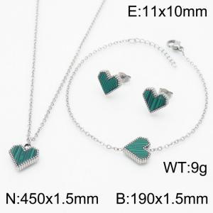 Green Heart Shape Pendant Charm Jewelry Set for Women Bracelet Earrings and Necklace Set Silver Color - KS215317-HR