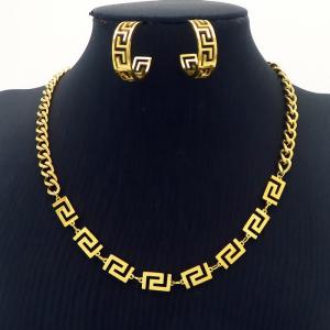 Cuban Chain with Geometric Skeleton Charms C-Shaped Earrings Necklace Set for Women Gold Stainless Steel Jewelry Set - KS215367-LX