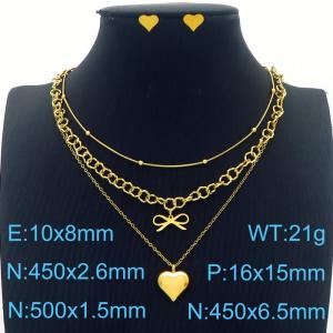 Multi-layer O shape Charm Necklace with A heart-shaped pendant 8mm Heart-shaped Earrings Jewelry Set for Women Stainless Steel Gold Jewelry Set - KS215406-BI