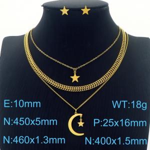 Multi-layer Reticulate chain O-chain Charm Necklace with The Moon and the stars pendant 10mm stars Earrings Jewelry Set for Women Stainless Steel Gold Colour Jewelry Set - KS215408-BI
