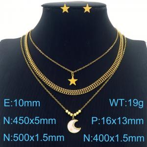 Multi-layer Reticulate chain O-chain Charm Necklace with  The white Moon Zircon and the stars pendant 10mm stars Earrings Jewelry Set for Women Stainless Steel Gold Colour Jewelr Set - KS215409-BI