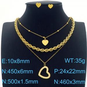 Multi-layer Twisted chain  O-chain Charm Necklace with  The  heart-shaped  Zircon  pendant 10mm heart-shaped Earrings Jewelry Set for Women Stainless Steel Gold Colour Jewelry Set - KS215410-BI