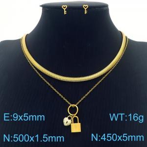 Double-decker Snake chain  O-chain Charm Necklace with  The  Love lock shape  Zircon  pendant 9mm Key Shape Earrings Jewelry Set for Women Stainless Steel Gold Colour Jewelry Set - KS215411-BI