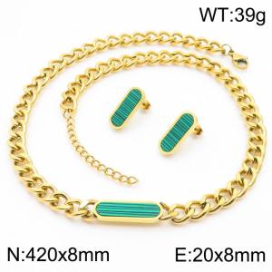 420x8mm Cuban Chain and Green Oval Charm Oval 20x8mm Earrings Women's Necklace Set Gold Stainless Steel Jewelry Set - KS215412-LX