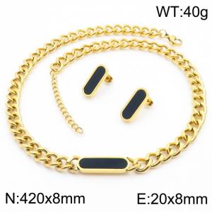 420x8mm Cuban Chain and Black Oval Charm Oval 20x8mm Earrings Women's Necklace Set Gold Stainless Steel Jewelry Set - KS215413-LX