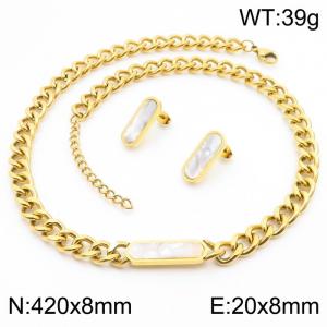 420x8mm Cuban Chain and White Oval Charm Oval 20x8mm Earrings Women's Necklace Set Gold Stainless Steel Jewelry Set - KS215414-LX