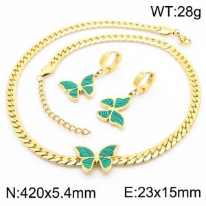 420x5.4mm Cuban Chain and Green Butterfly Charm Butterfly Pendant 23x15mm Earrings Women's Necklace Set Gold Stainless Steel Jewelry Set - KS215415-LX