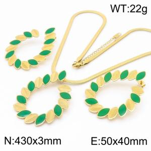 430x3mm Snake Chain and Green Leaf Charm Ring Leaf 50x40mm Earrings Women's Necklace Set Gold Stainless Steel Jewelry Set - KS215419-LX