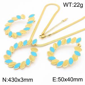 430x3mm Snake Chain and Blue Leaf Charm Ring Leaf 50x40mm Earrings Women's Necklace Set Gold Stainless Steel Jewelry Set - KS215420-LX