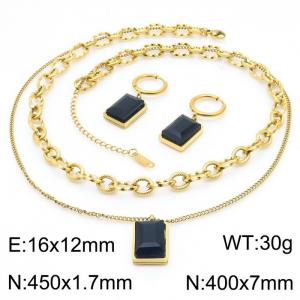 450x1.7mm Double-layer O-chain and Fried Dough Twists O-chain Black Pendant Charm Block 16x12mm Earrings Women's Necklace Set Gold Stainless Steel Jewelry Set - KS215423-LX