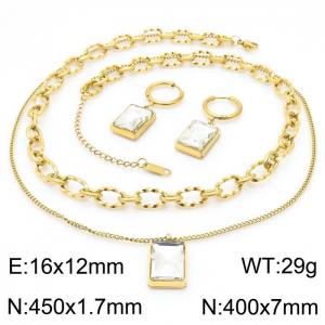 450x1.7mm Double-layer O-chain and Fried Dough Twists O-chain White Pendant Charm Block 16x12mm Earrings Women's Necklace Set Gold Stainless Steel Jewelry Set - KS215424-LX