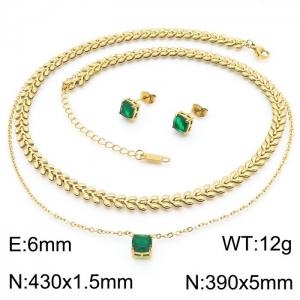 430x1.5mm Double layer Wheat Ear Chain O-shaped Chain Green Zircon Pendant 6mm Charm Earring Necklace Women's Gold Stainless Steel Jewelry Set - KS215430-LX