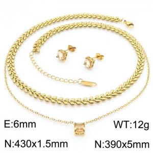 430x1.5mm Double Layer Wheat Ear Chain O-shaped Chain Powder Zircon Pendant 6mm Charm Earring Necklace Women's Gold Stainless Steel Jewelry Set - KS215431-LX