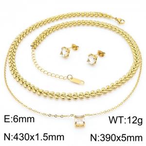 430x1.5mm Double layer Wheat Ear Chain O-shaped Chain White Zircon Pendant 6mm Charm Earring Necklace Women's Gold Stainless Steel Jewelry Set - KS215432-LX