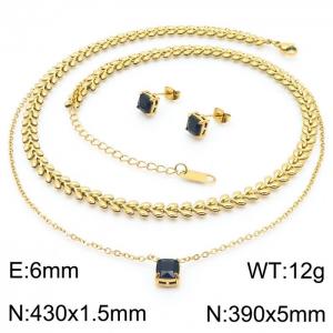 430x1.5mm Double layer Wheat Ear Chain O-shaped Chain Black Zircon Pendant 6mm Charm Earring Necklace Women's Gold Stainless Steel Jewelry Set - KS215433-LX