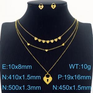 Multi-layer O  Charm Necklace Heart Lock Pendants with 10mm Heart Lock Earrings Jewelry Set for Women Stainless Steel Gold Jewelry Set - KS215484-HDJ