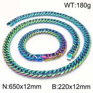 650X12MM Necklace Chain Length and 220x12mm Bracelet Length Rainbow Color Men's Charm Cuban Chain Fashion Stainless Steel Necklace Bracelet Set Jewelry - KS215490-KFC