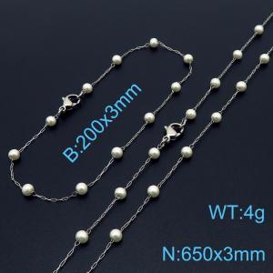 Women Stainless Steel&Pearls Link Jewelry Set with 650mm Necklace&200mm Bracelet - KS215498-Z
